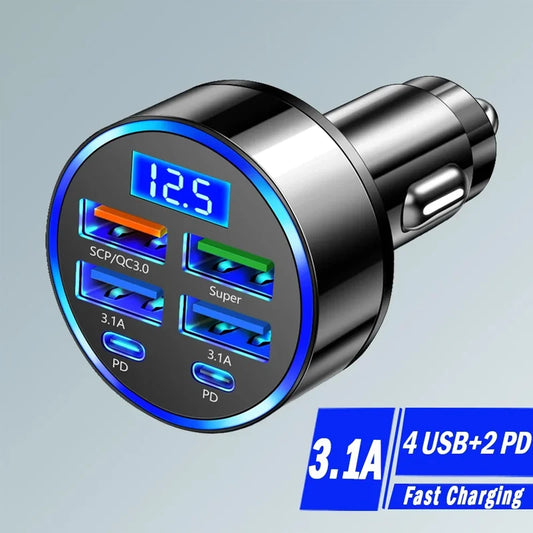 100W 6 Ports Auto Ladegerät Schnelle Lade PD QC3.0 USB C Auto Telefon 