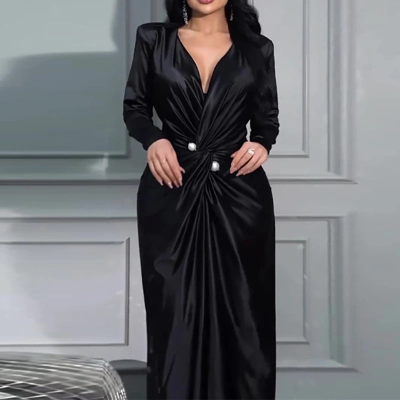 Autumn Long Sleeved Solid Banquet Dress Elegant Temperament V Neck Slim Party Dress Lady Fashion Twisted High Waist Office Dress