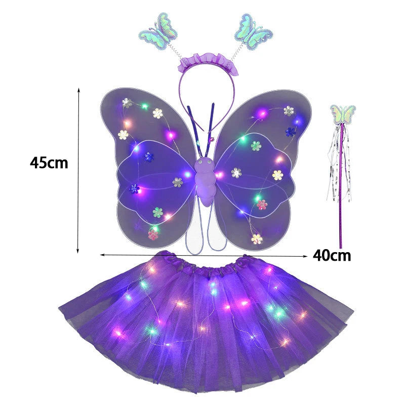 4PCS Kids Butterfly Luminous Wings, Sequin Tutu Skirt , Wand, Headband Set Girls Birthday Party Dress Up Baby Shower Costume