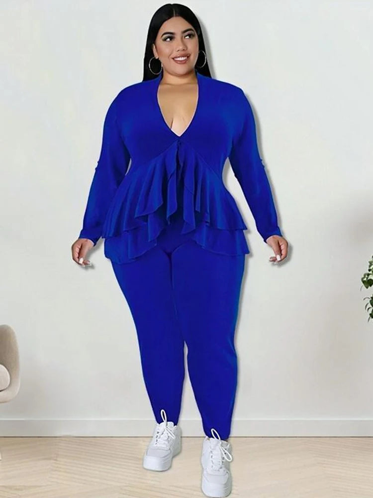 Plus Size Damenbekleidung Schickes und elegantes Hosenanzug-Set Zweiteilige Sets Mantel Rüschen Blazer-Sets Großhandel Groß Dropshipping