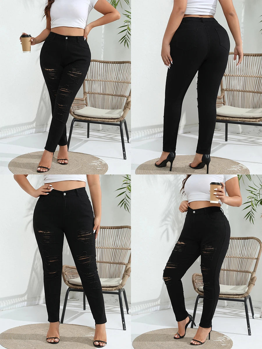 2025 Spring Womens Plus Size Ripped Jeans Solid Color Mid Rise Skinny Stretch Denim Pants Casual Jeggings for Daily Office Party