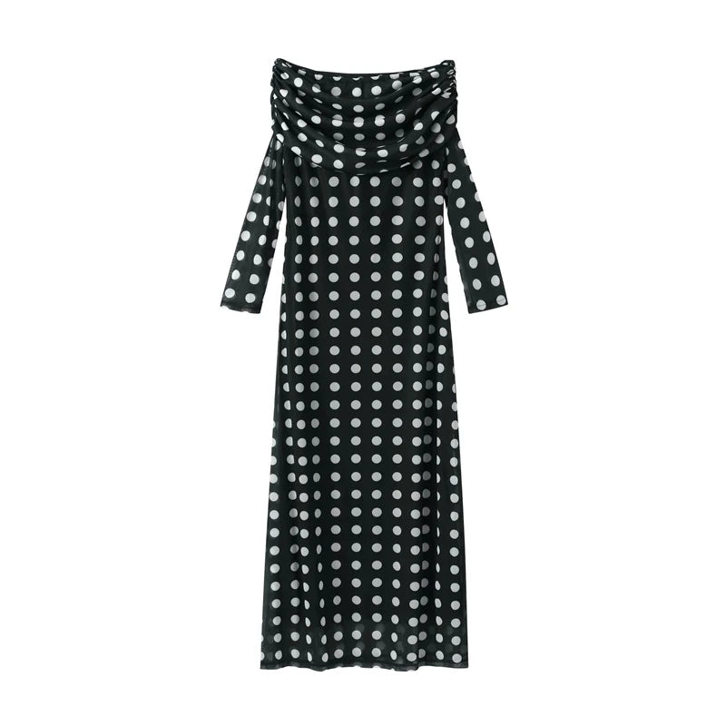 Sexy Polka Dot Dresses For Women Off Shoulder Mesh Patchwork Party Dress Long Sleeves Ruched Vestidos Summer Lady Elegant Robes