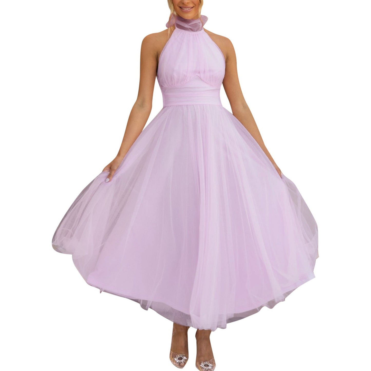 Sexy Neckholder-Partykleid für Damen, schulterfrei, rückenfreies Netzkleid, Plisseekleid, weiß, Vestidos, formelle Hochzeit, langes Kleid