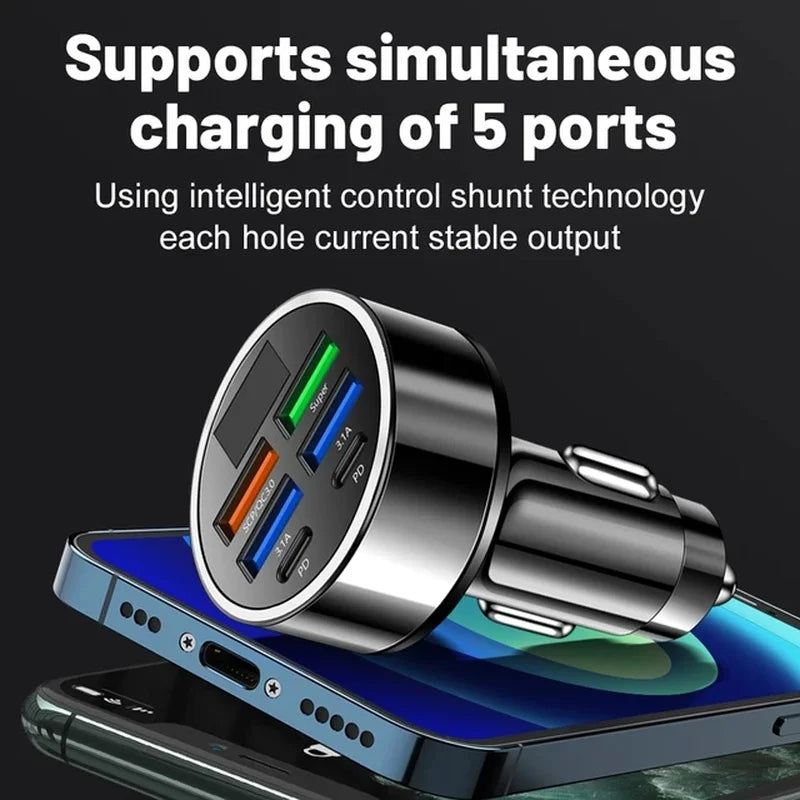 100W 6 Ports Car Charger Fast Charging PD QC3.0 USB C Car Phone