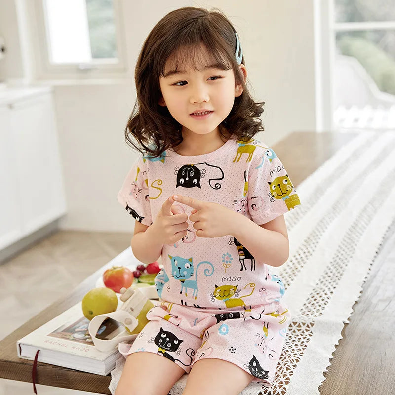 4 6 8 10Years Child Boy Girl Pajamas Cotton Sleepwear Tops Pants Clothing Sets for Teens Girl Strawberry Pyjama Kids Cat Pijamas