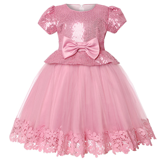 Das neue Paillettenkleid für Kinder mit Schleife, Gaze, Gaze, Gaze, Puffkleid, kleines Mädchen, Geburtstagsparty, Kleid, Leistung