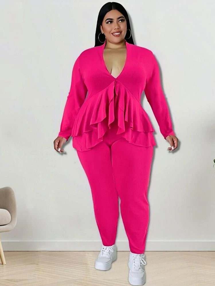 Plus Size Damenbekleidung Schickes und elegantes Hosenanzug-Set Zweiteilige Sets Mantel Rüschen Blazer-Sets Großhandel Groß Dropshipping