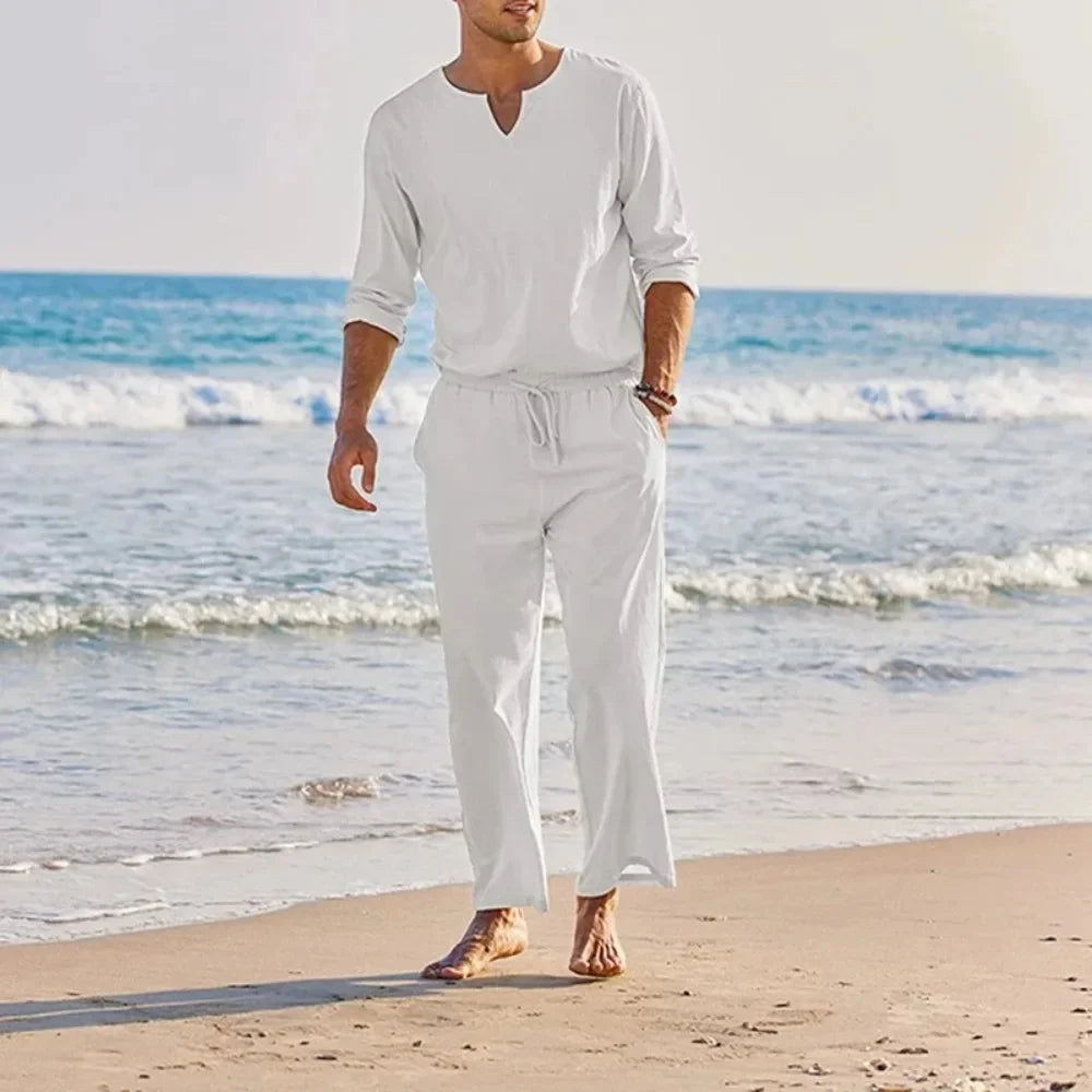 Casual Cotton Linen Two Piece Men Set