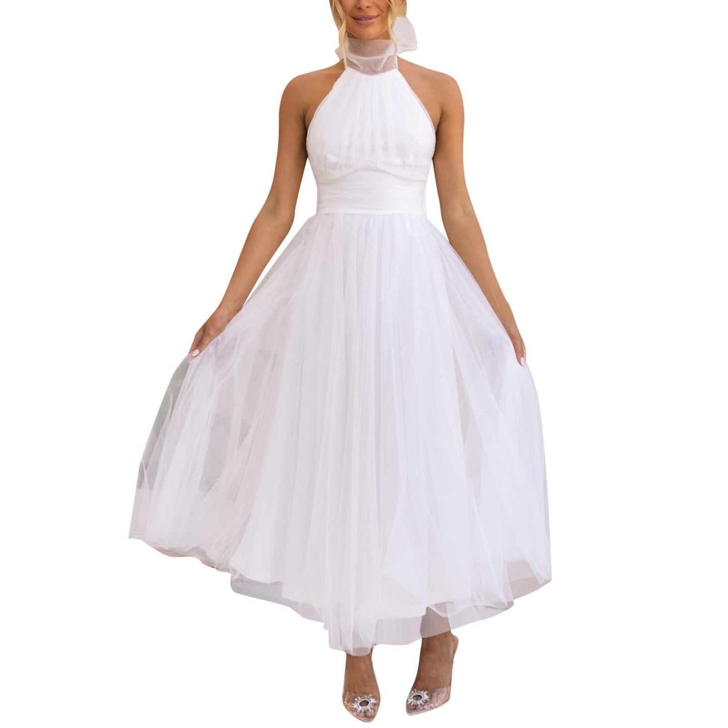 Sexy Neckholder-Partykleid für Damen, schulterfrei, rückenfreies Netzkleid, Plisseekleid, weiß, Vestidos, formelle Hochzeit, langes Kleid