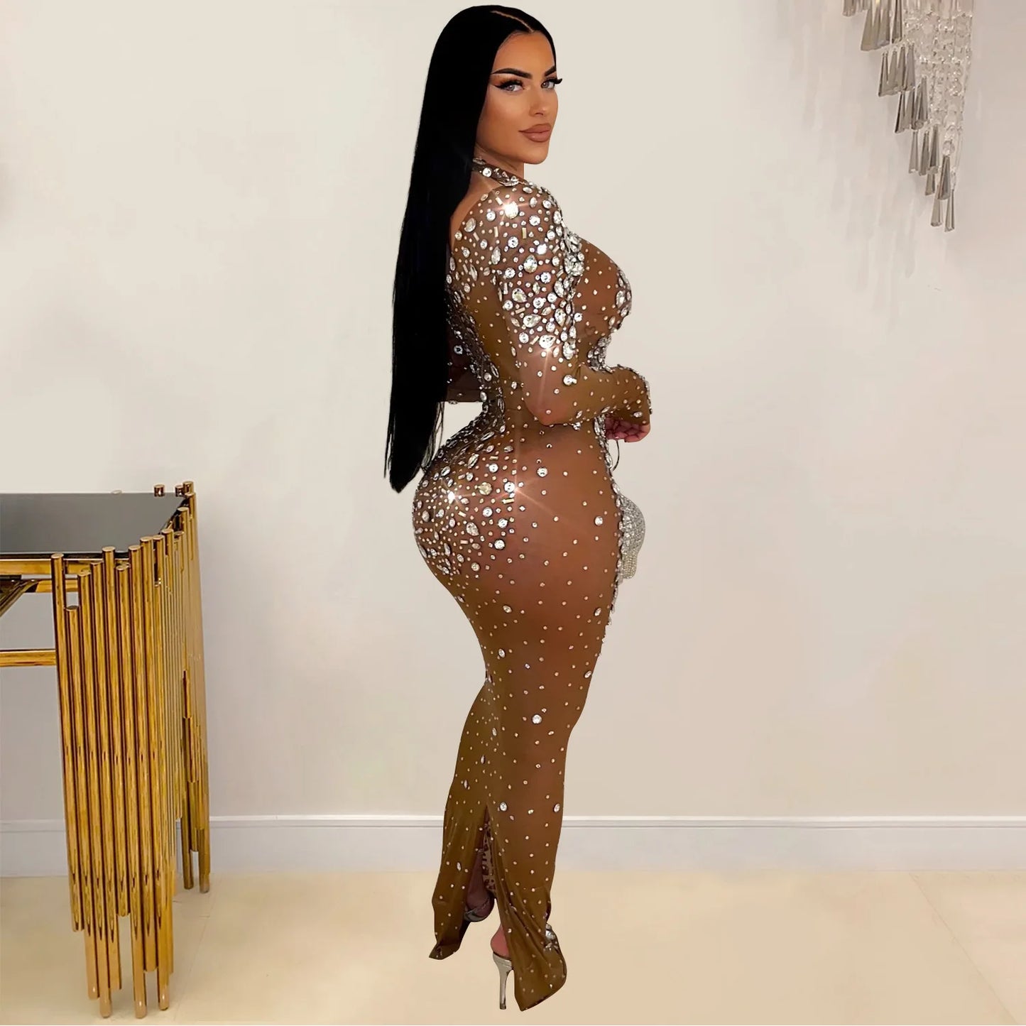 CM.YAYA 2024 Women Long Sleeve Mesh Diamonds Hot Rhinestones Bodycon Midi Dress Women’s Maxi Long Evening Birthday Dresses