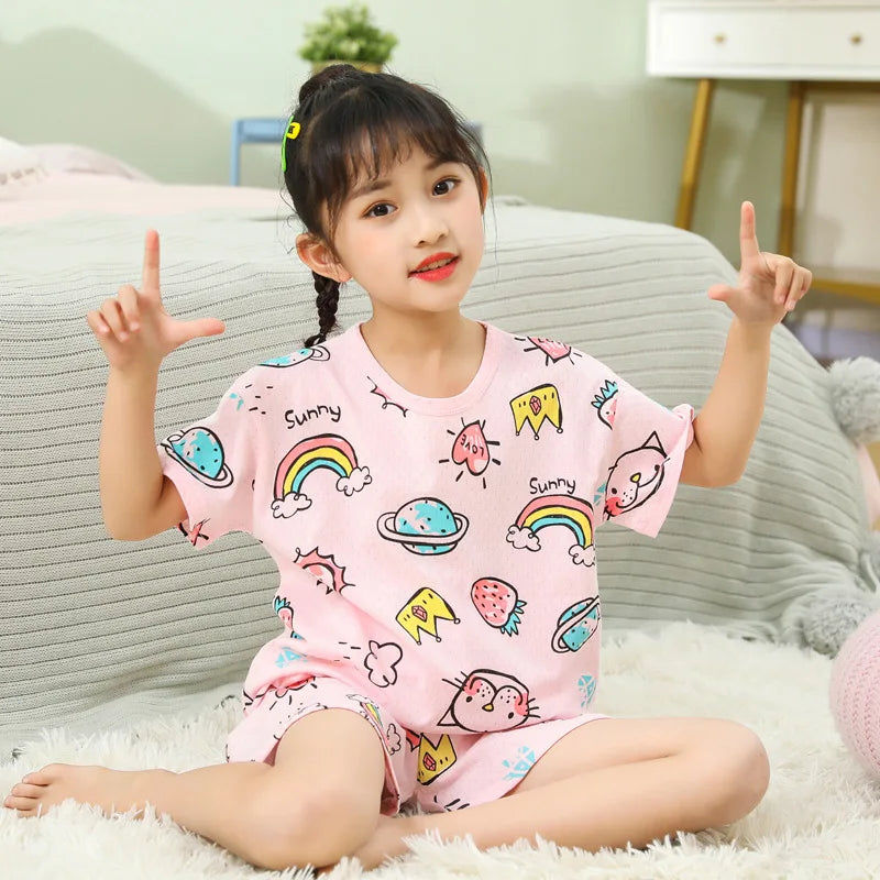 4 6 8 10Years Child Boy Girl Pajamas Cotton Sleepwear Tops Pants Clothing Sets for Teens Girl Strawberry Pyjama Kids Cat Pijamas