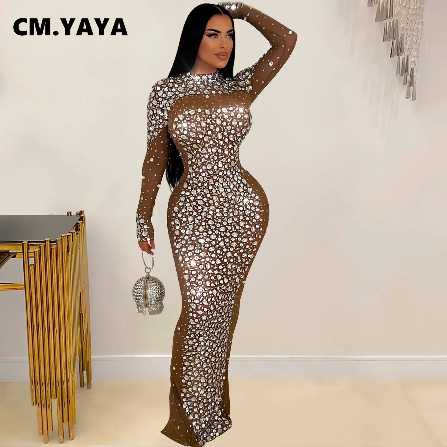 CM.YAYA 2024 Vestido midi ajustado con diamantes de malla y manga larga para mujer, vestidos largos de noche y cumpleaños