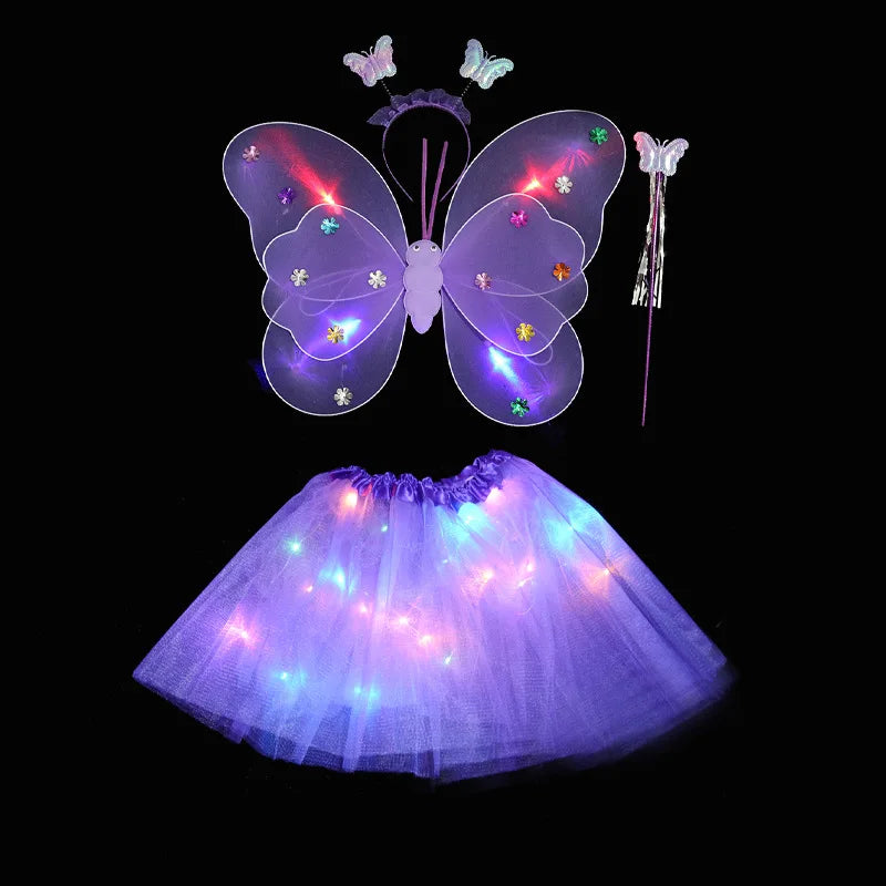 4PCS Kids Butterfly Luminous Wings, Sequin Tutu Skirt , Wand, Headband Set Girls Birthday Party Dress Up Baby Shower Costume