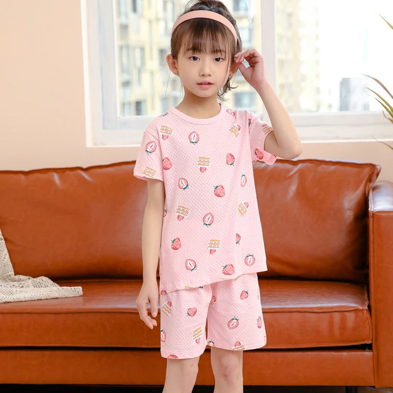 4 6 8 10Years Child Boy Girl Pajamas Cotton Sleepwear Tops Pants Clothing Sets for Teens Girl Strawberry Pyjama Kids Cat Pijamas