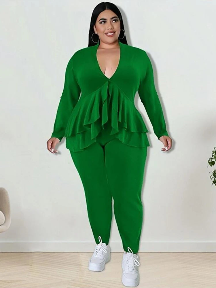 Plus Size Damenbekleidung Schickes und elegantes Hosenanzug-Set Zweiteilige Sets Mantel Rüschen Blazer-Sets Großhandel Groß Dropshipping