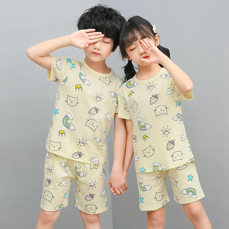 4 6 8 10Years Child Boy Girl Pajamas Cotton Sleepwear Tops Pants Clothing Sets for Teens Girl Strawberry Pyjama Kids Cat Pijamas