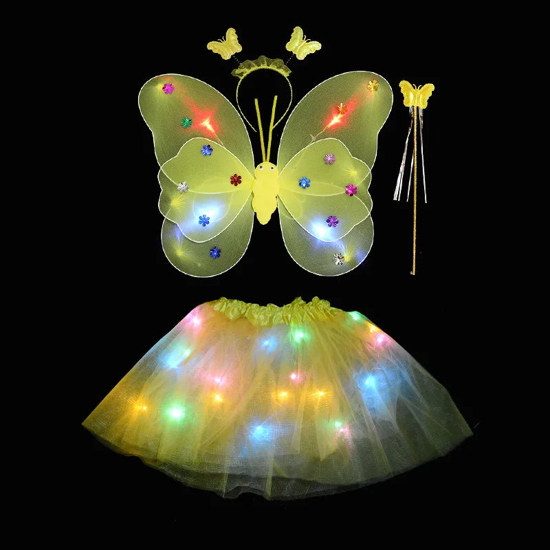 4PCS Kids Butterfly Luminous Wings, Sequin Tutu Skirt , Wand, Headband Set Girls Birthday Party Dress Up Baby Shower Costume