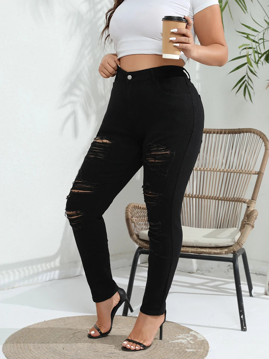 2025 Spring Womens Plus Size Ripped Jeans Solid Color Mid Rise Skinny Stretch Denim Pants Casual Jeggings for Daily Office Party