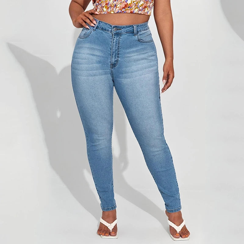 Mom-Jeans für Damen in Übergröße, hohe Taille, Übergrößen-Jeans, hochelastische Stretch-Jeans, 100 kg gewaschener Denim, Skinny-Bleistift-Jeanshose