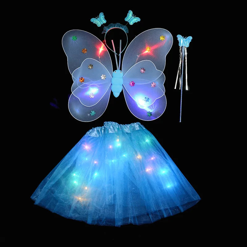 4PCS Kids Butterfly Luminous Wings, Sequin Tutu Skirt , Wand, Headband Set Girls Birthday Party Dress Up Baby Shower Costume