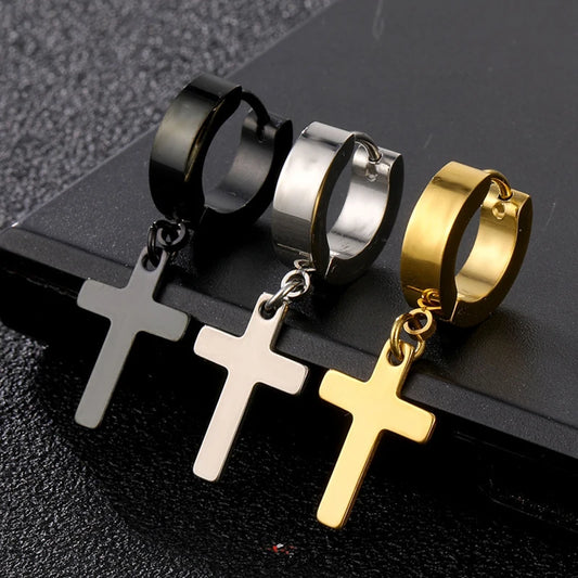 2pc Stainless Steel Men Cross Stars Punk Dangle Earrings Gothic Woman