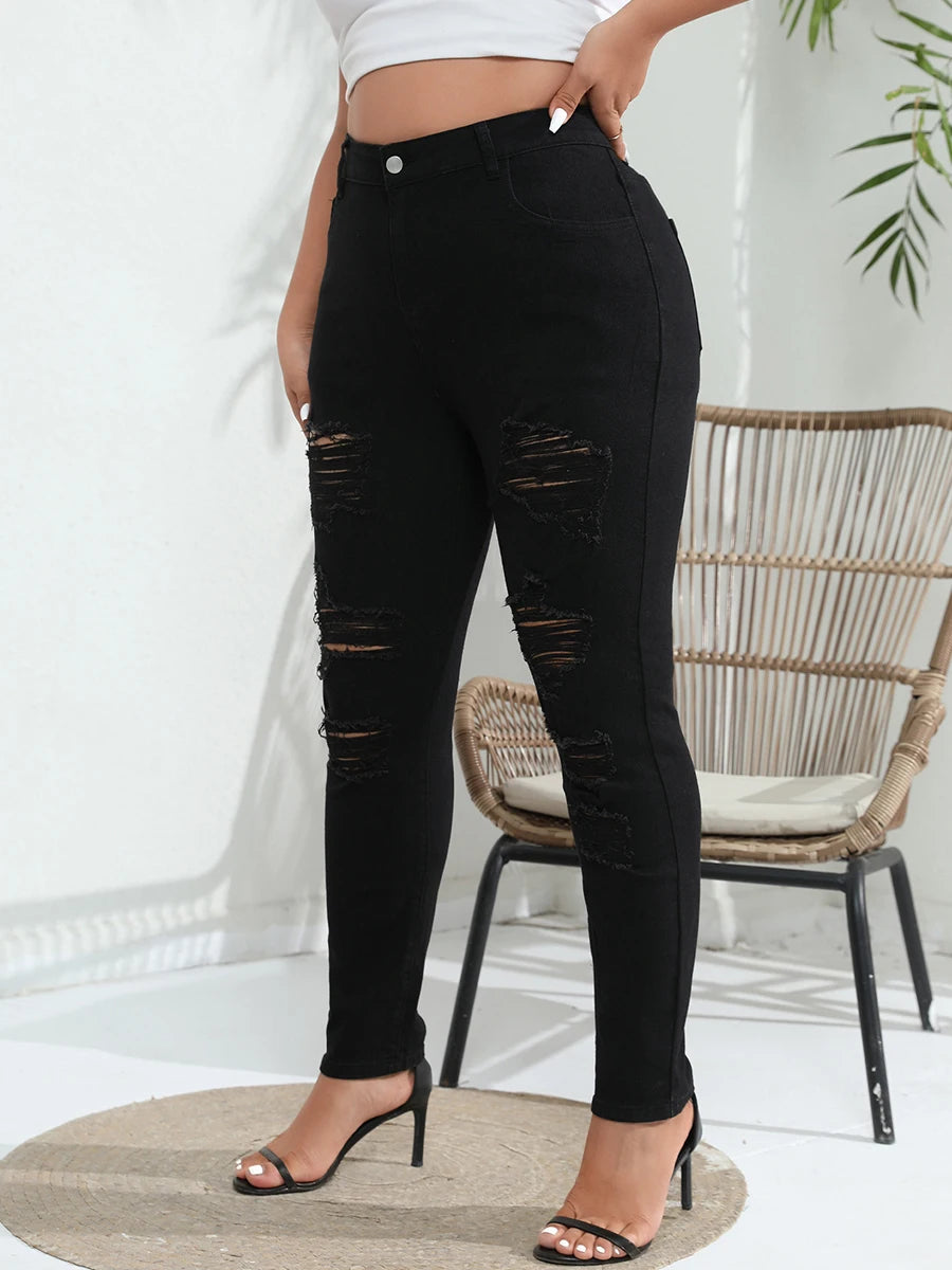 2025 Spring Womens Plus Size Ripped Jeans Solid Color Mid Rise Skinny Stretch Denim Pants Casual Jeggings for Daily Office Party