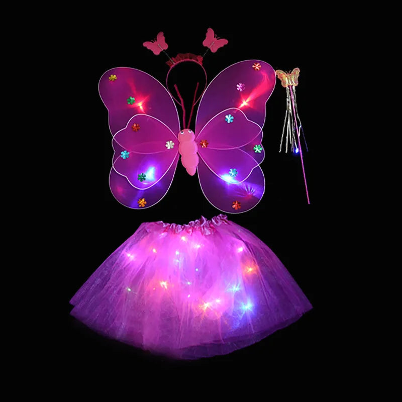 4PCS Kids Butterfly Luminous Wings, Sequin Tutu Skirt , Wand, Headband Set Girls Birthday Party Dress Up Baby Shower Costume