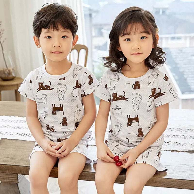 4 6 8 10Years Child Boy Girl Pajamas Cotton Sleepwear Tops Pants Clothing Sets for Teens Girl Strawberry Pyjama Kids Cat Pijamas