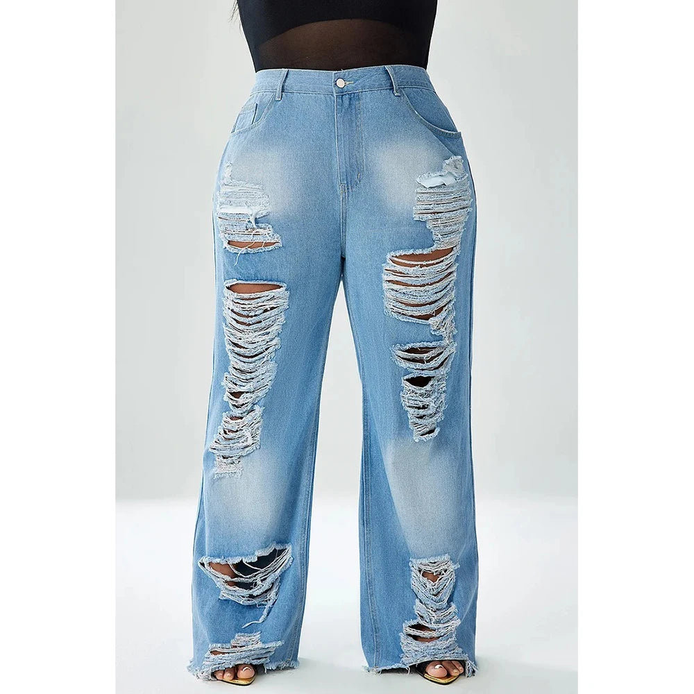 Plus Size Casual Denim Hollowed Out Wide Leg Pants Ripped Jeans