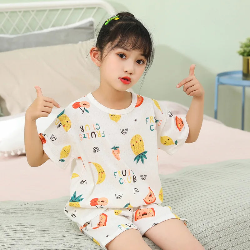 4 6 8 10Years Child Boy Girl Pajamas Cotton Sleepwear Tops Pants Clothing Sets for Teens Girl Strawberry Pyjama Kids Cat Pijamas