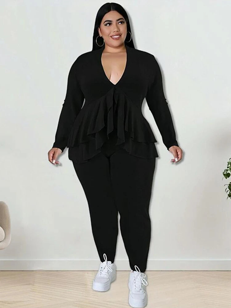 Plus Size Damenbekleidung Schickes und elegantes Hosenanzug-Set Zweiteilige Sets Mantel Rüschen Blazer-Sets Großhandel Groß Dropshipping