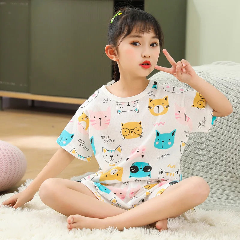 4 6 8 10Years Child Boy Girl Pajamas Cotton Sleepwear Tops Pants Clothing Sets for Teens Girl Strawberry Pyjama Kids Cat Pijamas