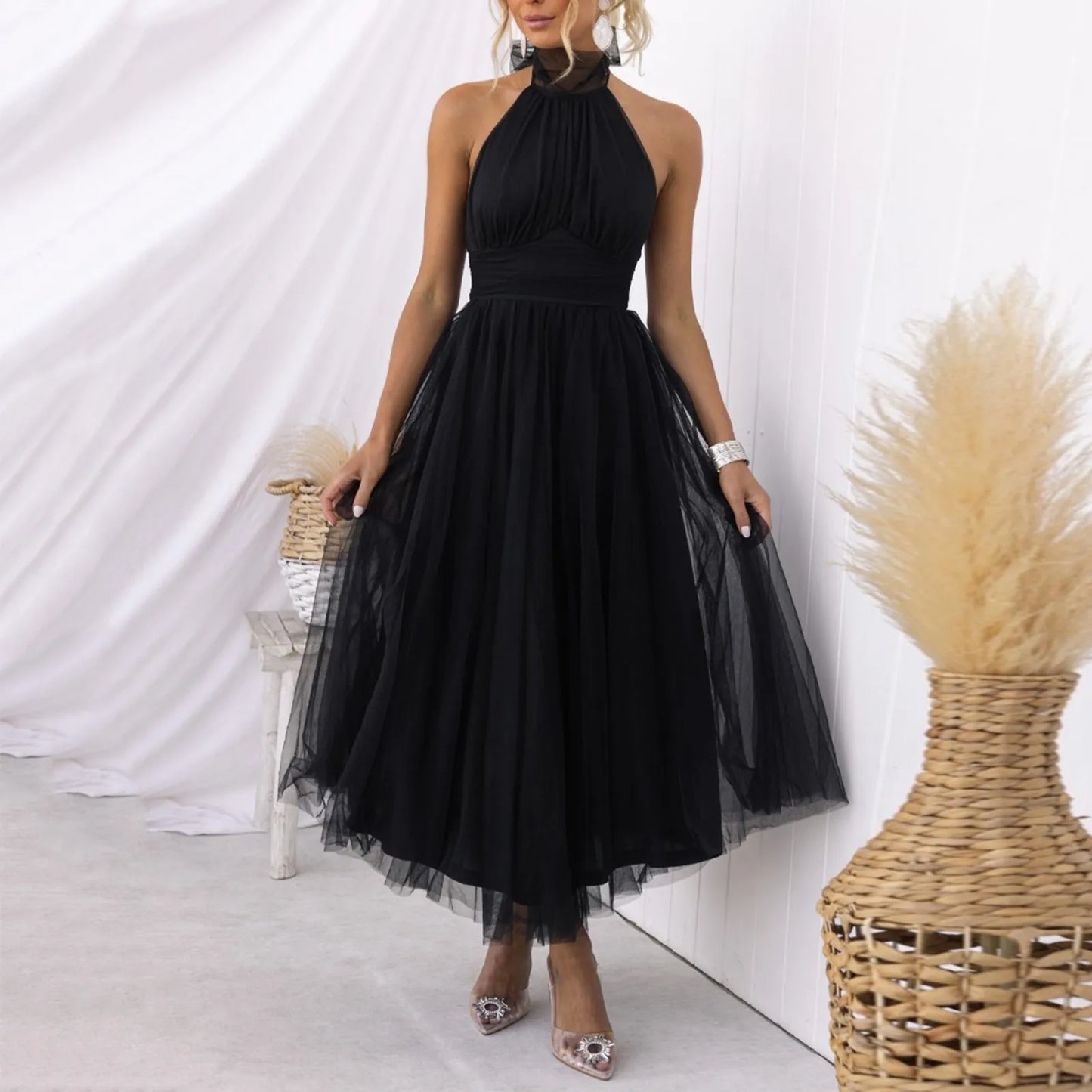 Sexy Neckholder-Partykleid für Damen, schulterfrei, rückenfreies Netzkleid, Plisseekleid, weiß, Vestidos, formelle Hochzeit, langes Kleid