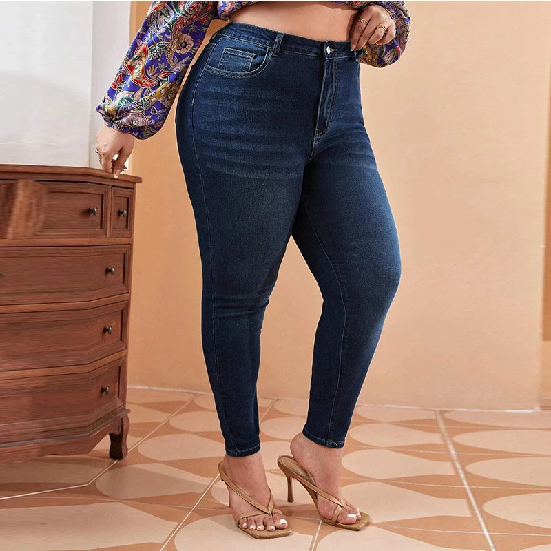 Pantalones vaqueros de talla grande para mujer, de cintura alta, de talla grande, muy elásticos, de 100 kg, ajustados, de tubo