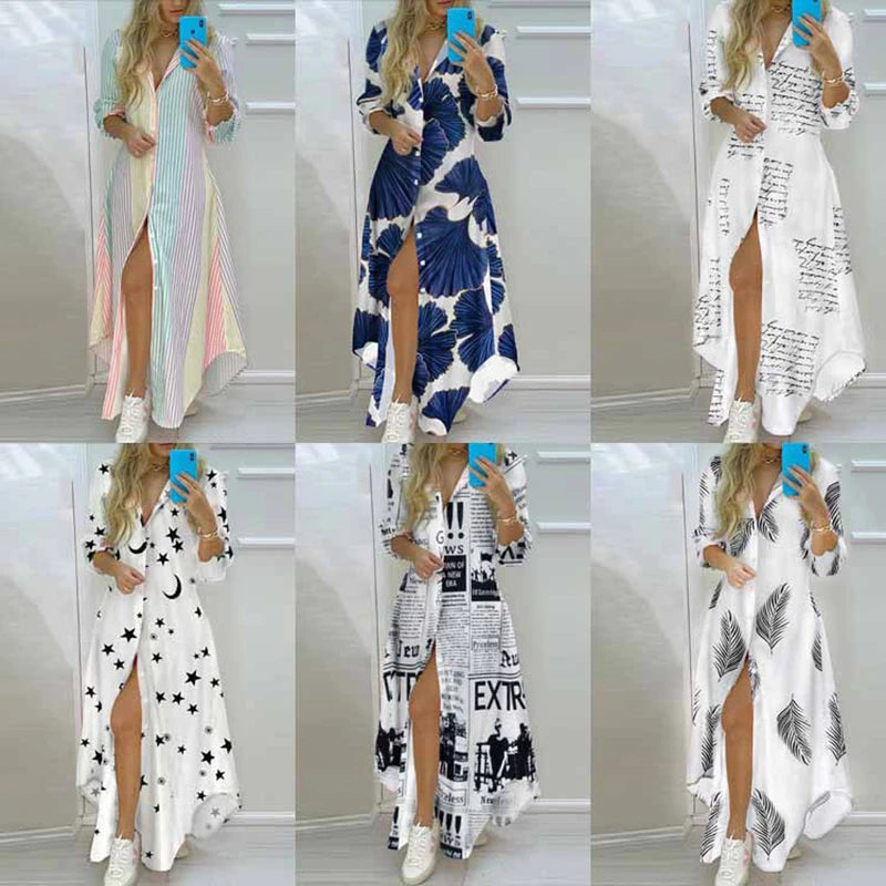 New Autumn Plus Size Women Dress Loose Print Long Sleeve Elegant Long Shirts Dress Party Dress Casual Dresses For Women 2023