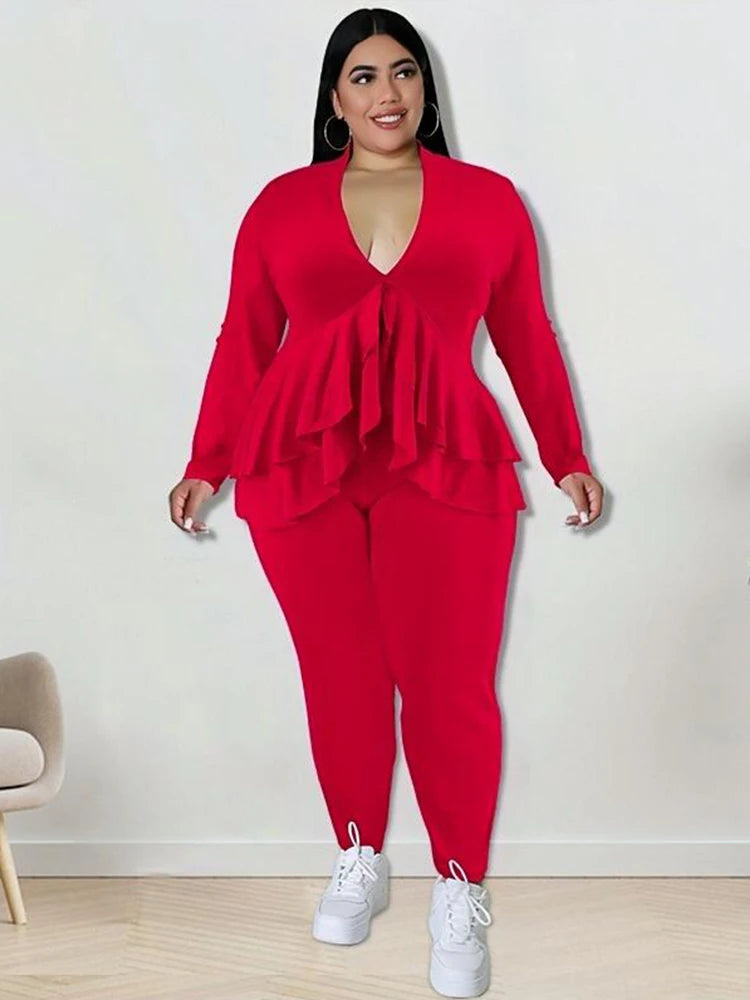 Plus Size Damenbekleidung Schickes und elegantes Hosenanzug-Set Zweiteilige Sets Mantel Rüschen Blazer-Sets Großhandel Groß Dropshipping