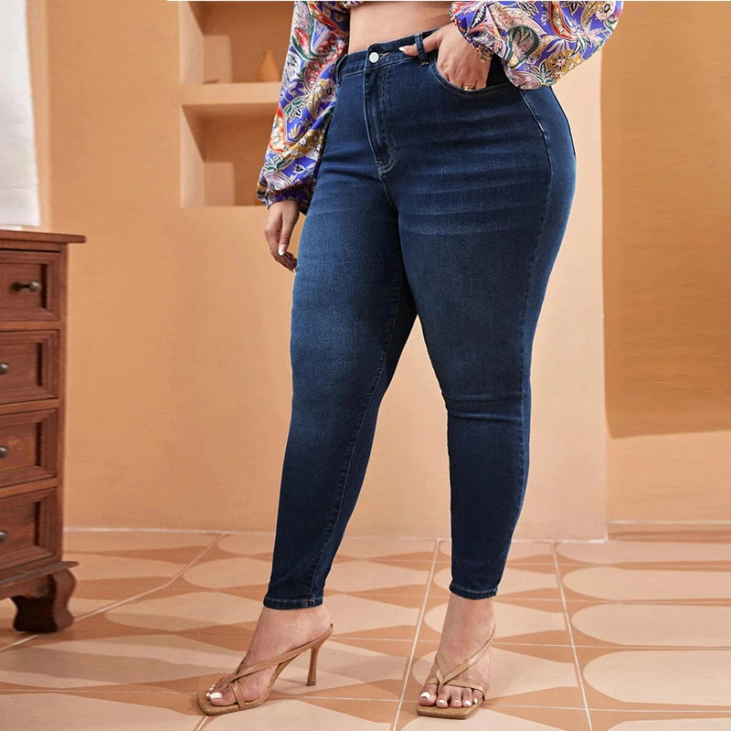 Mom-Jeans für Damen in Übergröße, hohe Taille, Übergrößen-Jeans, hochelastische Stretch-Jeans, 100 kg gewaschener Denim, Skinny-Bleistift-Jeanshose