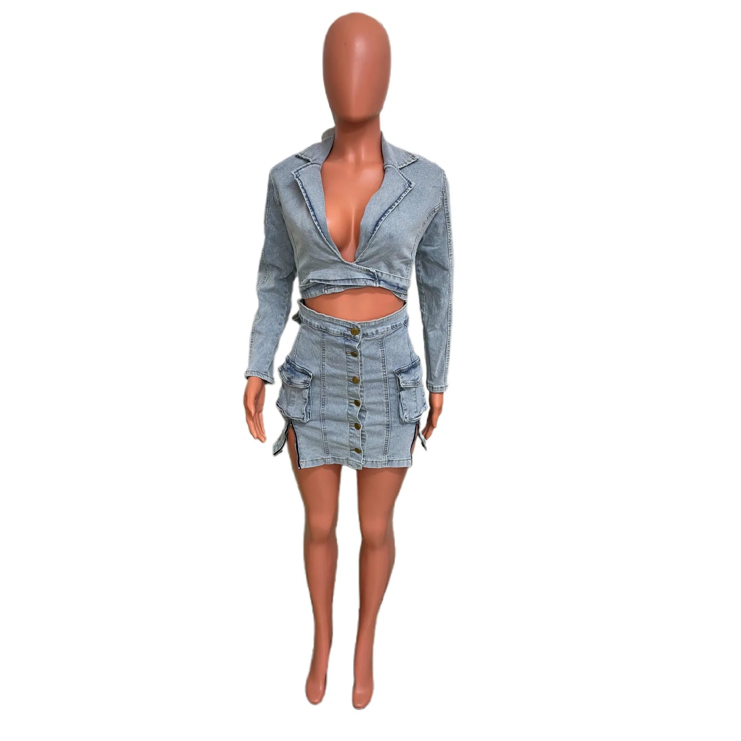 Sexy Denim Jean 2 Stück Rock Sets Winter Outfits Y2K Streetwear Crop Tops Denim Mode Jacken Mäntel Zwei Stück Rock Set