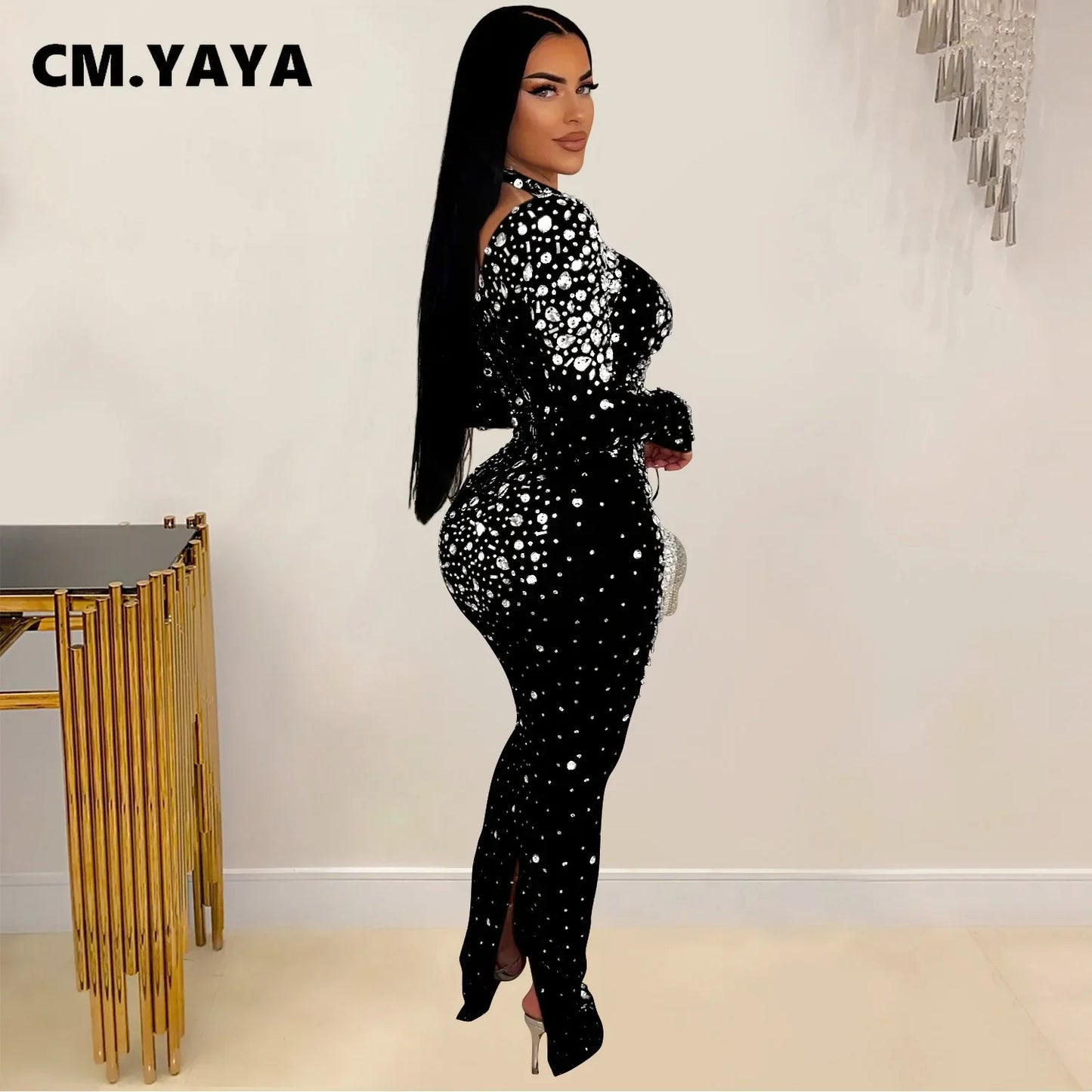 CM.YAYA 2024 Vestido midi ajustado con diamantes de malla y manga larga para mujer, vestidos largos de noche y cumpleaños