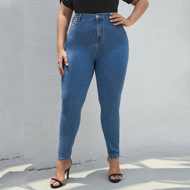 Mom-Jeans für Damen in Übergröße, hohe Taille, Übergrößen-Jeans, hochelastische Stretch-Jeans, 100 kg gewaschener Denim, Skinny-Bleistift-Jeanshose