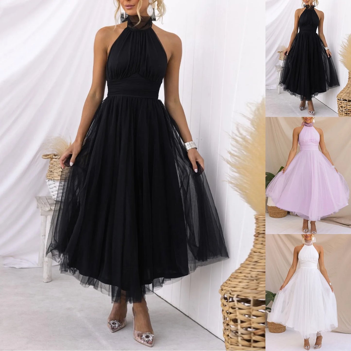 Sexy Neckholder-Partykleid für Damen, schulterfrei, rückenfreies Netzkleid, Plisseekleid, weiß, Vestidos, formelle Hochzeit, langes Kleid