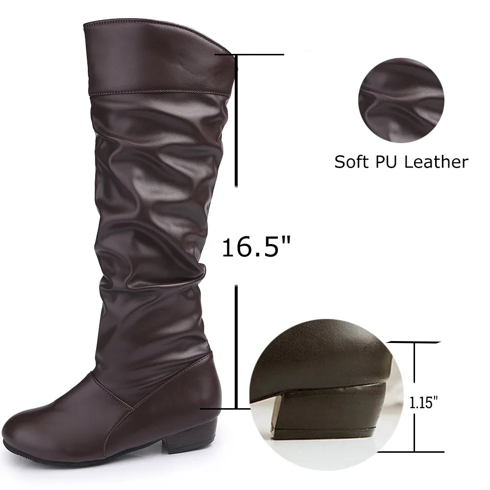 Kniehohe Stiefel aus Leder und PU für Damen, modische, faltbare Schlupfstiefel für den Winter, lässige Stiefel mit niedrigem Absatz, weiß/schwarz, lange, schmale Stiefel für Damen