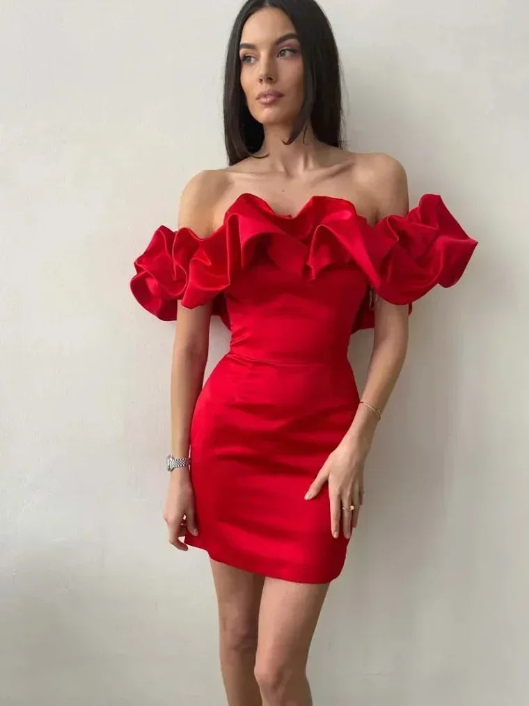 2024 Autumn Women Ruffles Slash Neck Bodycon Package Hip Party Dress Sexy Streetwear Backless Strapless Mini Evening Dresses Y2K