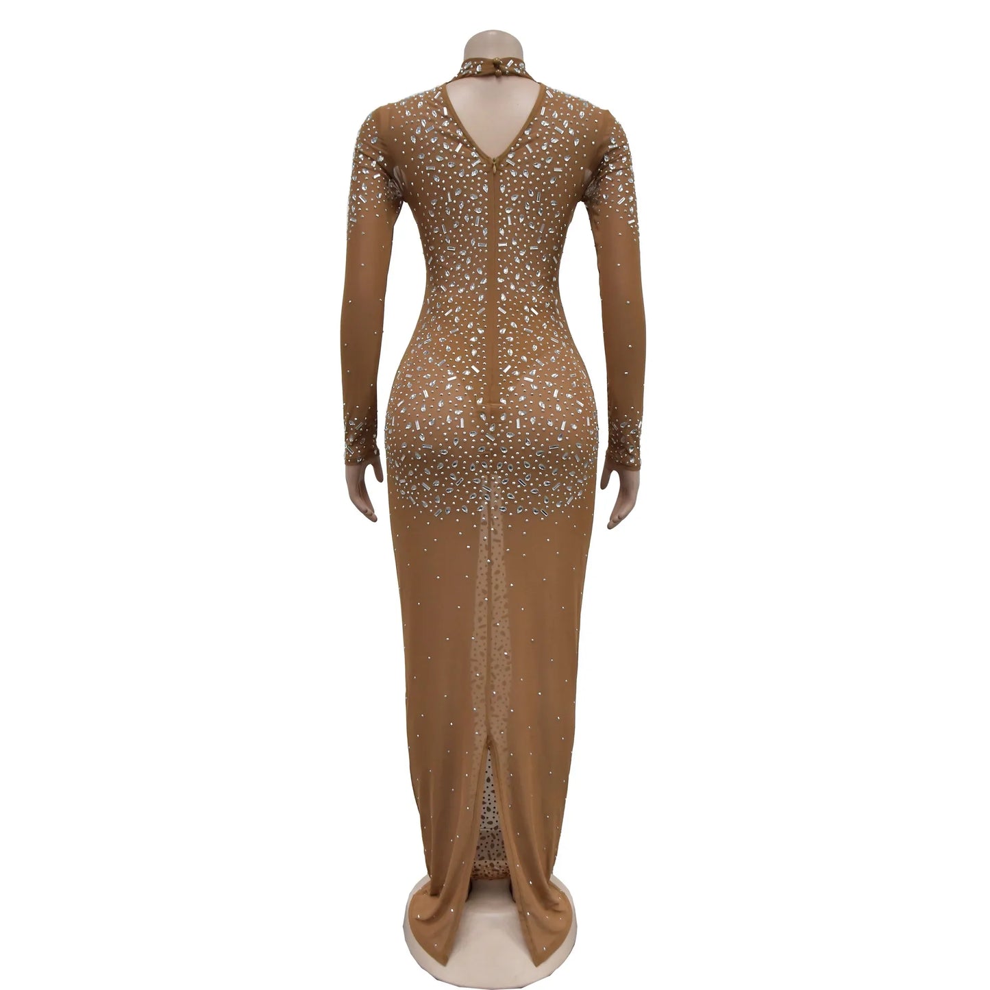 CM.YAYA 2024 Women Long Sleeve Mesh Diamonds Hot Rhinestones Bodycon Midi Dress Women’s Maxi Long Evening Birthday Dresses