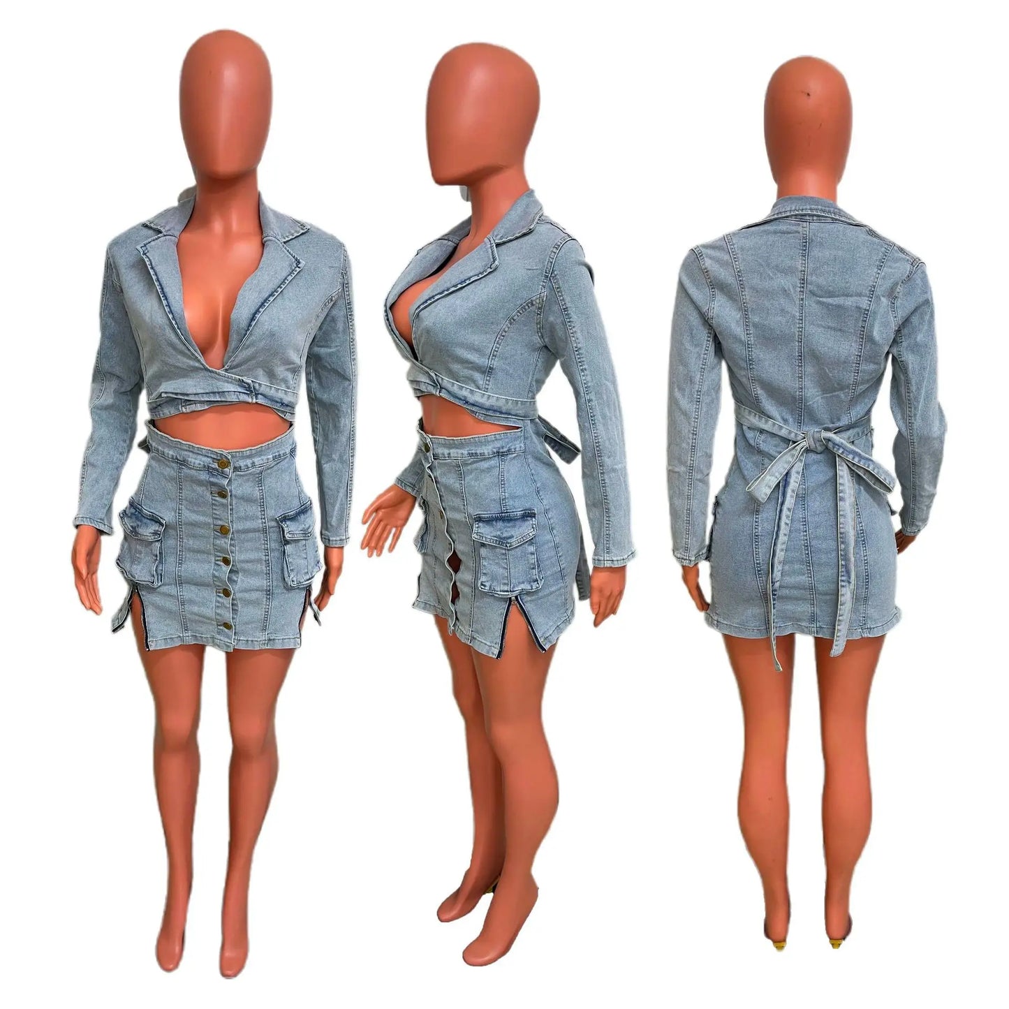 Sexy Denim Jean 2 Piece Skirt Sets Winter Outfits Y2K Streetwear Crop Tops Denim Fashion Jackets Coats Two Piece Skirt Set