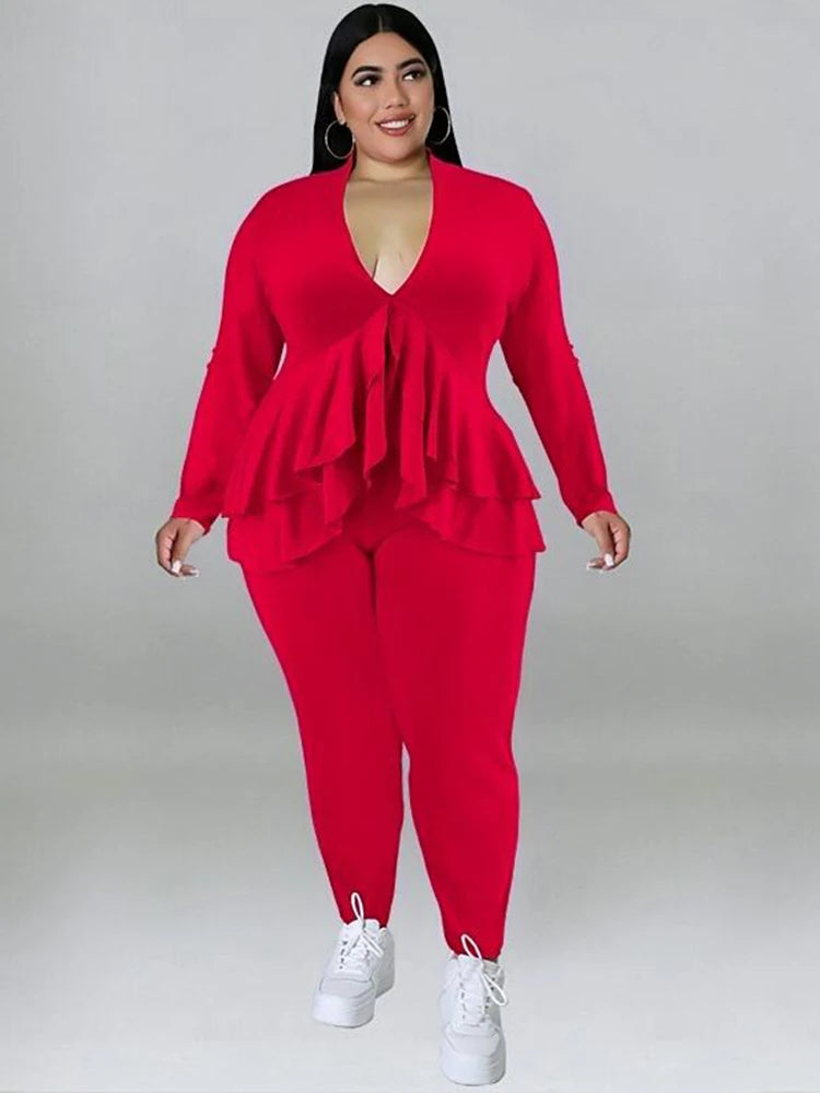 Plus Size Damenbekleidung Schickes und elegantes Hosenanzug-Set Zweiteilige Sets Mantel Rüschen Blazer-Sets Großhandel Groß Dropshipping