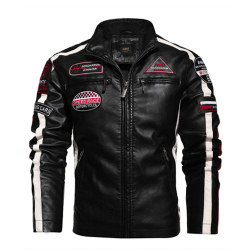 Chaqueta de cuero vegano para motociclistas con insignias para hombre