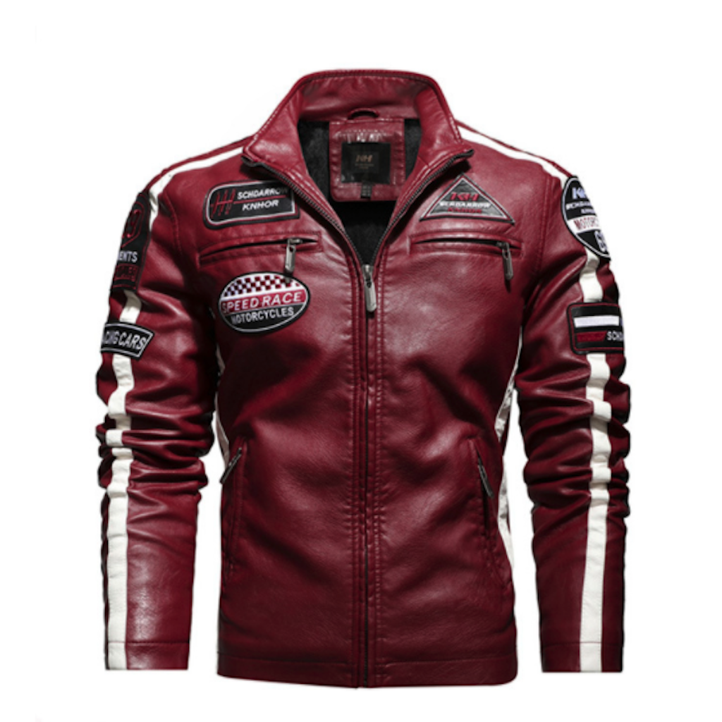 Mens Biker Vegan Leather Jacket With Badges