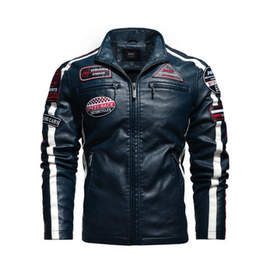 Chaqueta de cuero vegano para motociclistas con insignias para hombre