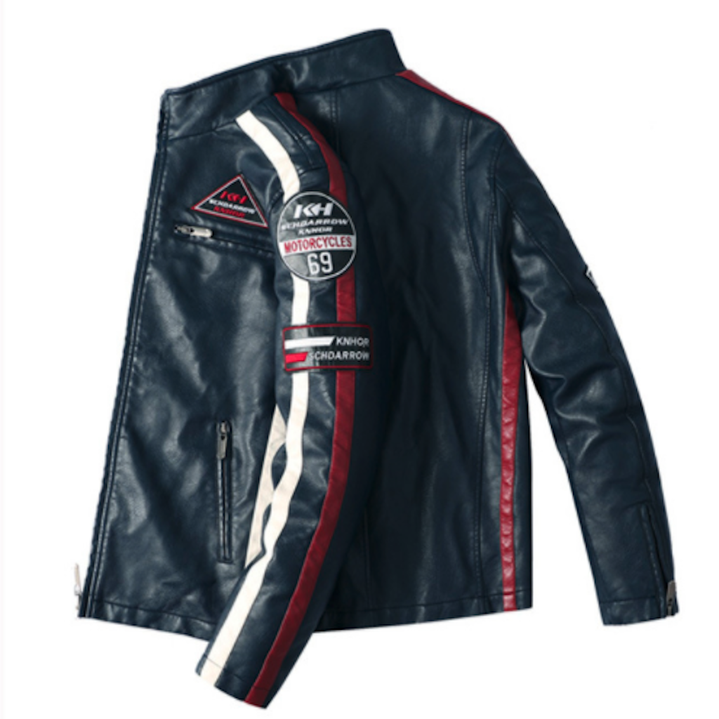 Chaqueta de cuero vegano para motociclistas con insignias para hombre